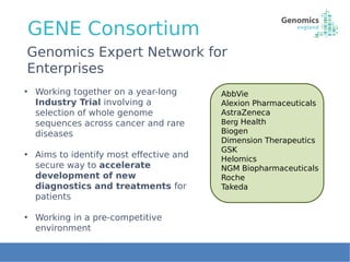 GENE Consortium
• Working together on a year-long
Industry Trial involving a
selection of whole genome
sequences across ca...