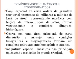 DOMÍNIOS MORFOCLIMÁTICOS E
FITOGEOGRÁFICOS
 Conj. espacial de certa ordem de grandeza
territorial (centenas de milhares a milhões de
km2 de área), apresentando mosáicos com
feições de relevo, tipos de solos, formas
vegetacionais e condições climatico-
hidrológicos.
 Ocorre em uma área principal, de certa
dimensão e arranjo, onde condições
fisiográficas e biogeográficas formam um
complexo relativamente homogênio e extenso.
 magnitude espacial, mosaicos das principais
paisagens e ecologias do mundo tropical.
 