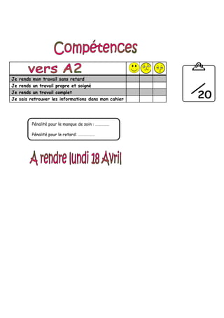 Je rends mon travail sans retard
Je rends un travail propre et soigné
Je rends un travail complet
Je sais retrouver les informations dans mon cahier
Pénalité pour le manque de soin : ……………
Pénalité pour le retard: ………………