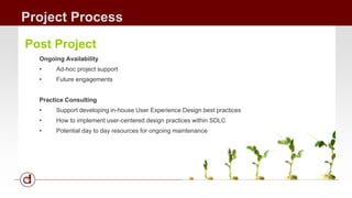 Project Process 
Post Project 
Ongoing Availability 
• Ad-hoc project support 
• Future engagements 
Practice Consulting 
...