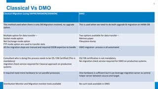 Classical Vs DMO
Classical Migration (using SWPM/MIGMON/DISMON) DMO
This method used when there is only DB Migration involved, no upgrade
option.
This is used when we need to do both upgrade & migration on HANA DB
Multiple option for data transfer –
Socket mode option
Net Exchange mode option
FTP mode option are used to transfer data
Two options available for data transfer –
Memory pipes
Filesystem dump
All the migration steps are manual and required OSDB expertize to handle DMO migration process is all automated
Consultant who is doing this process needs to be OS / DB Certified (This is
mandatory)
migration check service required for Classical approach on productive
systems
OS/ DB certification is not mandatory.
No migration check service required for DMO on productive systems.
It required need more hardware to run parallel processes One hardware is sufficient but it can leverage migration server as central
helper server between source and target.
Distribution Monitor and Migration monitor tools available No such tools available in DMO
1
 