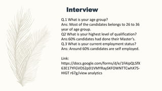 Interview
Q.1 What is your age group?
Ans: Most of the candidates belongs to 26 to 36
year of age group.
Q2 What is your highest level of qualification?
Ans:60% candidates had done their Master’s.
Q.3 What is your current employment status?
Ans: Around 60% candidates are self employed.
Link:
https://docs.google.com/forms/d/e/1FAIpQLSfX
63E17YFGVOS2pD1VMYRaySKFOWNTTCwhX7S-
HIGT r67g/view analytics
 