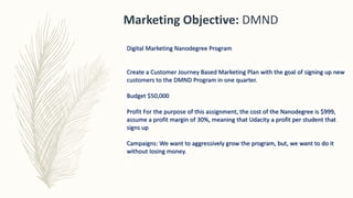 Marketing Objective: DMND
Digital Marketing Nanodegree Program
Create a Customer Journey Based Marketing Plan with the goal of signing up new
customers to the DMND Program in one quarter.
Budget $50,000
Profit For the purpose of this assignment, the cost of the Nanodegree is $999,
assume a profit margin of 30%, meaning that Udacity a profit per student that
signs up
Campaigns: We want to aggressively grow the program, but, we want to do it
without losing money.
 