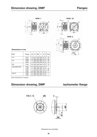36
Dimensions are not binding
Dimension drawing, DMP Flanges
Dimension drawing, DMP tachometer flange
VIEW: 1 VIEW: 1B
VIEW: 2
Dimensions in mm
DMP Flange LA M Nj6 P S T View
112 F215 14 215 180 250 15 4 1B
F265 14 265 230 300 15 4 1B
132 F265 17 265 230 300 15 4 1B
F300 17 300 250 350 19 5 1B
160 F350 20 350 300 400 19 5 1B
180-4A/B/C/D/E F300 41 300 250 350 19 5 1
F350 17 350 300 400 19 5 1B
F400 17 400 350 450 19 5 2B
F500 20 500 450 550 19 5 2
180-4F F300 41 300 250 350 19 5 1
F500 20 500 450 550 19 5 2
Other dimensions on request
 