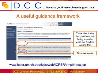… because good research needs good data


     A useful guidance framework


                                               Think about why
                                              the questions are
                                                being asked –
                                              what are funders
                                                 looking for?


                                               Give examples



•www.icpsr.umich.edu/icpsrweb/ICPSR/dmp/index.jsp

  DCC London Roadshow,   21-22 May 2012,   #dccLondon
 