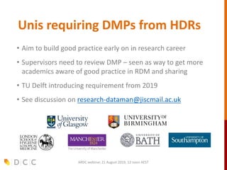 Unis requiring DMPs from HDRs
• Aim to build good practice early on in research career
• Supervisors need to review DMP – seen as way to get more
academics aware of good practice in RDM and sharing
• TU Delft introducing requirement from 2019
• See discussion on research-dataman@jiscmail.ac.uk
ARDC webinar, 21 August 2019, 12 noon AEST
 