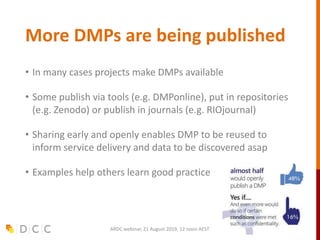 More DMPs are being published
• In many cases projects make DMPs available
• Some publish via tools (e.g. DMPonline), put in repositories
(e.g. Zenodo) or publish in journals (e.g. RIOjournal)
• Sharing early and openly enables DMP to be reused to
inform service delivery and data to be discovered asap
• Examples help others learn good practice
ARDC webinar, 21 August 2019, 12 noon AEST
 
