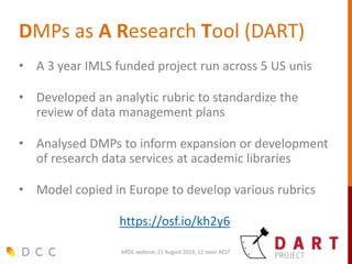 DMPs as A Research Tool (DART)
• A 3 year IMLS funded project run across 5 US unis
• Developed an analytic rubric to standardize the
review of data management plans
• Analysed DMPs to inform expansion or development
of research data services at academic libraries
• Model copied in Europe to develop various rubrics
https://osf.io/kh2y6
ARDC webinar, 21 August 2019, 12 noon AEST
 