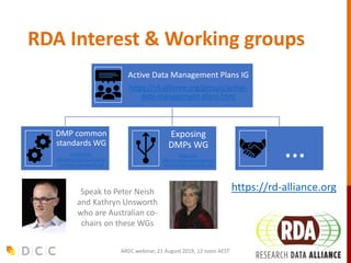 RDA Interest & Working groups
Active Data Management Plans IG
https://rd-alliance.org/groups/active-
data-management-plans.html
DMP common
standards WG
https://rd-
alliance.org/groups/dmp-
common-standards-wg
Exposing
DMPs WG
https://rd-
alliance.org/groups/exposing-
data-management-plans-wg
…
G7ARDC webinar, 21 August 2019, 12 noon AEST
ARDC webinar, 21 August 2019, 12 noon AEST 26
20/08/2019
https://rd-alliance.orgSpeak to Peter Neish
and Kathryn Unsworth
who are Australian co-
chairs on these WGs
 
