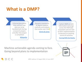 What is a DMP?
A formal document
that outlines how
data are to be
handled both during
a research project,
and after the project
is completed
Wikipedia
Dynamic inventories
of digital research
methods and outputs
that evolve over time
Simms & Jones
‘active’ DMPs enable
information exchange
across the FAIR data
ecosystem and are tied
to their implementation
to become an evolving
record of activities
Turning FAIR into Reality
ARDC webinar, 21 August 2019, 12 noon AEST
DMP
Machine-actionable agenda coming to fore.
Going beyond plans to implementation
 