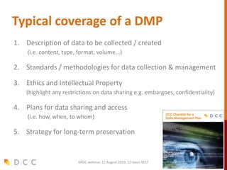 Typical coverage of a DMP
1. Description of data to be collected / created
(i.e. content, type, format, volume...)
2. Standards / methodologies for data collection & management
3. Ethics and Intellectual Property
(highlight any restrictions on data sharing e.g. embargoes, confidentiality)
4. Plans for data sharing and access
(i.e. how, when, to whom)
5. Strategy for long-term preservation
ARDC webinar, 21 August 2019, 12 noon AEST
 