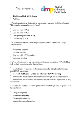 Questions and Answers to Google Adwords Advanced Display Exam by Digital Marketing Paathshala Slide 5
