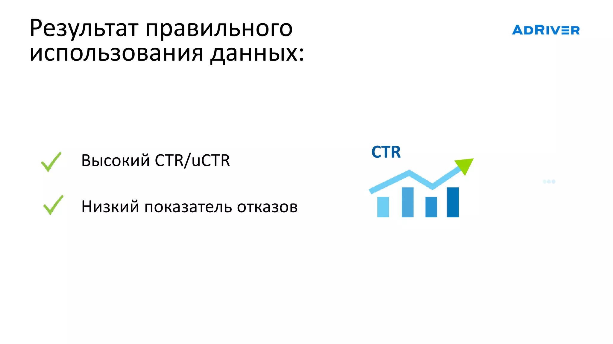 Результат правильного
использования данных:
Низкий показатель отказов
Высокий CTR/uCTR CTR
 