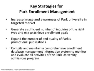 Key Strategies for  Park Enrollment Management Increase image and awareness of Park university in targeted market Generate a sufficient number of inquiries of the right type and mix to achieve enrollment goals  Expand the number of and quality of Park’s promotional publications Compile and maintain a comprehensive enrollment database management information system to monitor and evaluate all activities of the Park University admissions program From: Noel-Levitz. “Keys to Enrollment Success” 
