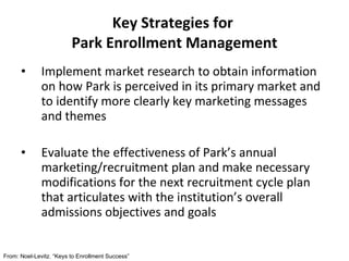 Key Strategies for  Park Enrollment Management Implement market research to obtain information on how Park is perceived in its primary market and to identify more clearly key marketing messages and themes Evaluate the effectiveness of Park’s annual marketing/recruitment plan and make necessary modifications for the next recruitment cycle plan that articulates with the institution’s overall admissions objectives and goals From: Noel-Levitz. “Keys to Enrollment Success” 