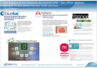 www.softcomputing.com Reproduction interdite sans l’accord écrit de Soft Computing 05/02/2015 40
Les acteurs et les solutions du marché DMP : des offres éditeurs
élargies et des plates-formes multi services
Illustration
 