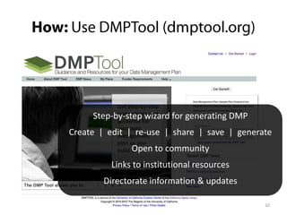 10
Step-by-step wizard for generating DMP
Create | edit | re-use | share | save | generate
Open to community
Links to institutional resources
Directorate information & updates
 