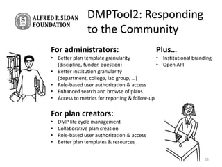 DMPTool2: Responding
to the Community
For administrators:
• Better plan template granularity
(discipline, funder, question)
• Better institution granularity
(department, college, lab group, …)
• Role-based user authorization & access
• Enhanced search and browse of plans
• Access to metrics for reporting & follow-up
For plan creators:
• DMP life cycle management
• Collaborative plan creation
• Role-based user authorization & access
• Better plan templates & resources
Plus…
• Institutional branding
• Open API
23
 