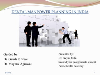 DENTAL MANPOWER PLANNING IN INDIA
Guided by:
Dr. Girish R Shavi
Dr. Mayank Agrawal
Presented by:
Dr. Preyas Joshi
Second year postgraduate student
Public health dentistry
5/4/2015 1
 
