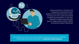 Advancements in AI tech and
marketing automation have
greatly influenced content writing.
AI tools are now a part of content
marketing procedures. It has also
affected related industries like
search engine optimization (SEO)
and social media marketing.
Companies can rely on AI writing tools to generate content, whether
they produce articles internally or outsource SEO projects.
 