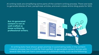 AI writing tools are simplifying some parts of the content writing process. There are tools
to generate blocks of text, paraphrase articles, and even create entire blog posts for SEO.
AI writing bots have shown great promise in automating tasks in the content
creation process, but it is still far from perfect. AI-generated content comes with
several risks that can harm companies if published hastily, such as the following:
But AI-generated
content is not as
well-crafted as
those written by
professional writers.
 