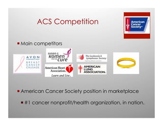 ACS Competition

 Main competitors




 American Cancer Society position in marketplace

  #1 cancer nonprofit/health organization, in nation.
 