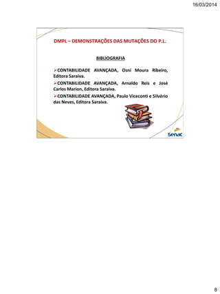 16/03/2014
8
DMPL – DEMONSTRAÇÕES DAS MUTAÇÕES DO P.L.
BIBLIOGRAFIA
CONTABILIDADE AVANÇADA, Osni Moura Ribeiro,
Editora Saraiva.
CONTABILIDADE AVANÇADA, Arnaldo Reis e José
Carlos Marion, Editora Saraiva.
CONTABILIDADE AVANÇADA, Paulo Viceconti e Silvério
das Neves, Editora Saraiva.
 