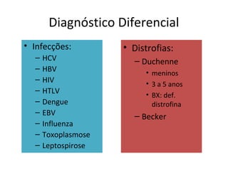 Diagnóstico Diferencial
• Infecções:
– HCV
– HBV
– HIV
– HTLV
– Dengue
– EBV
– Influenza
– Toxoplasmose
– Leptospirose
• Distrofias:
– Duchenne
• meninos
• 3 a 5 anos
• BX: def.
distrofina
– Becker
 