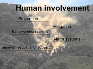 Human involvement
Prevention
Mitigation
Early warning systems
Alarm systems
Survival, rescue, and recovery
 