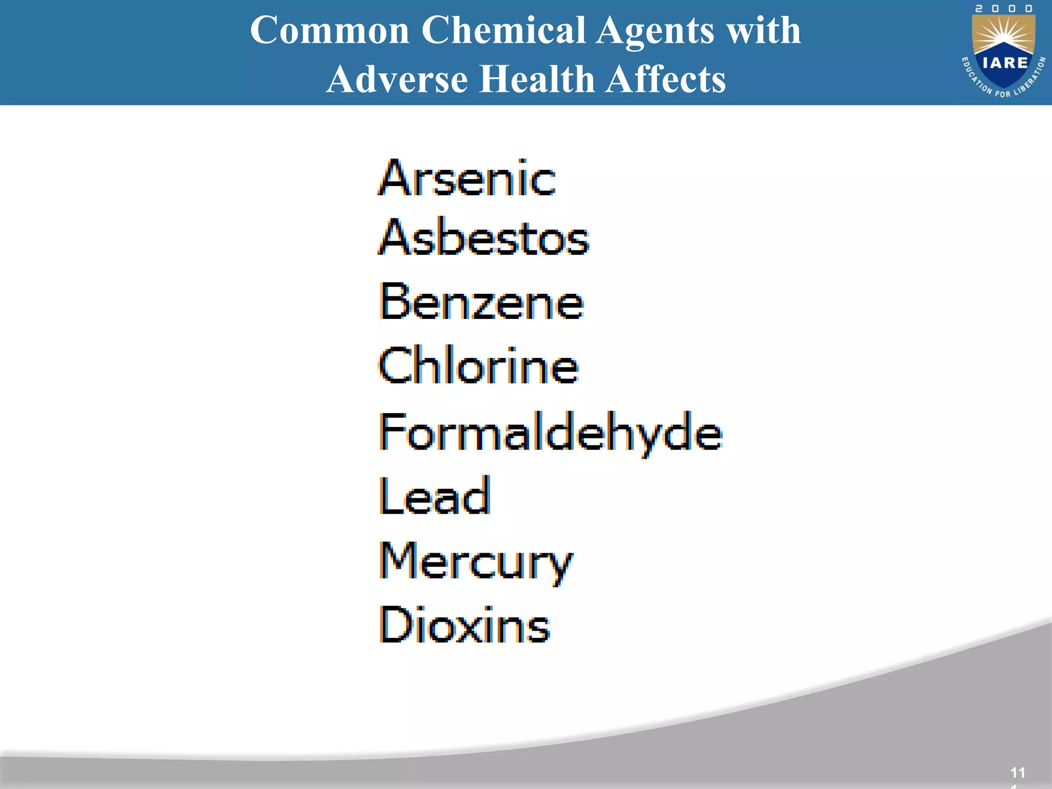 11
Common Chemical Agents with
Adverse Health Affects
 