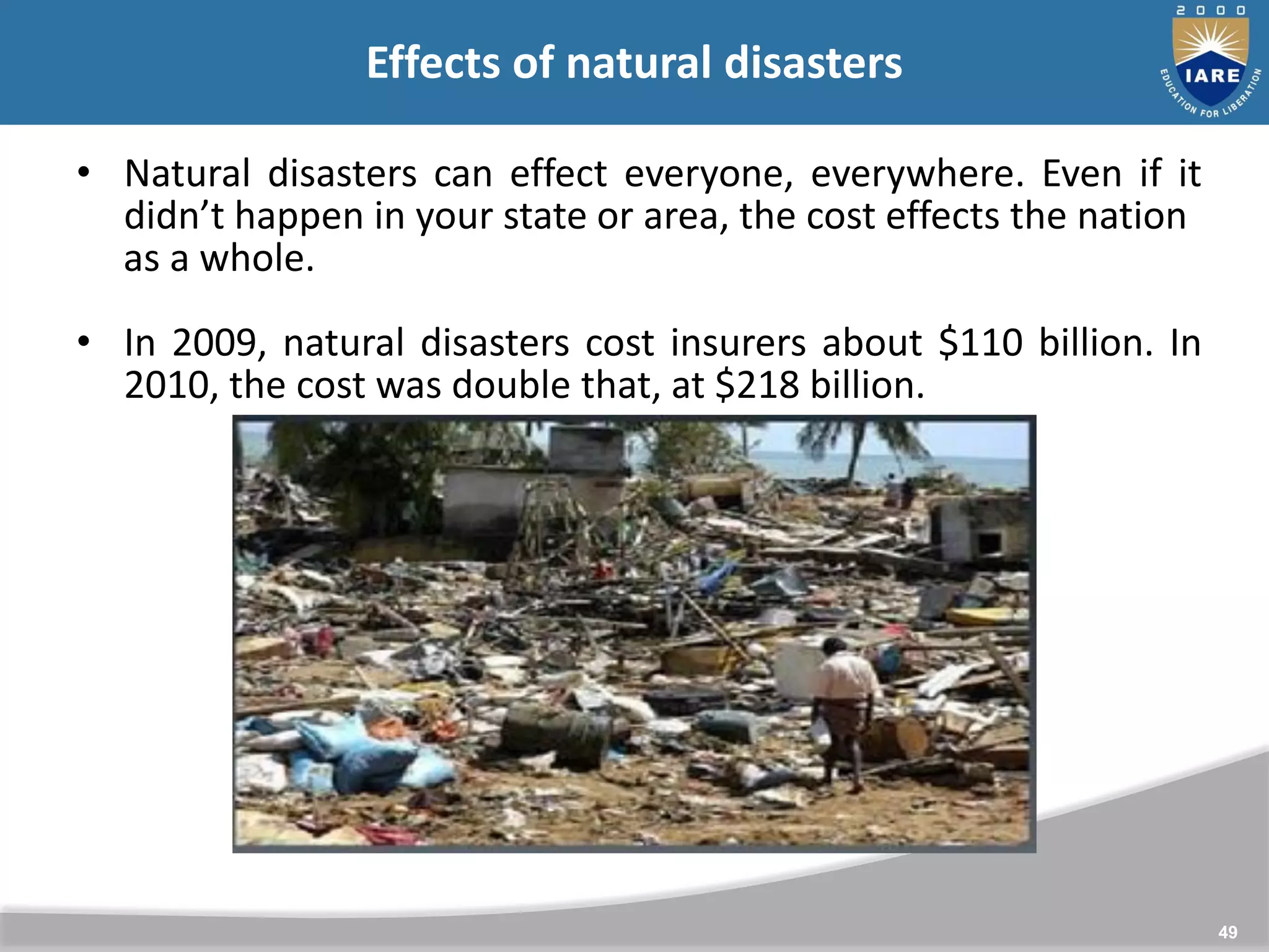 49
Effects of natural disasters
• Natural disasters can effect everyone, everywhere. Even if it
didn’t happen in your state or area, the cost effects the nation
as a whole.
• In 2009, natural disasters cost insurers about $110 billion. In
2010, the cost was double that, at $218 billion.
 