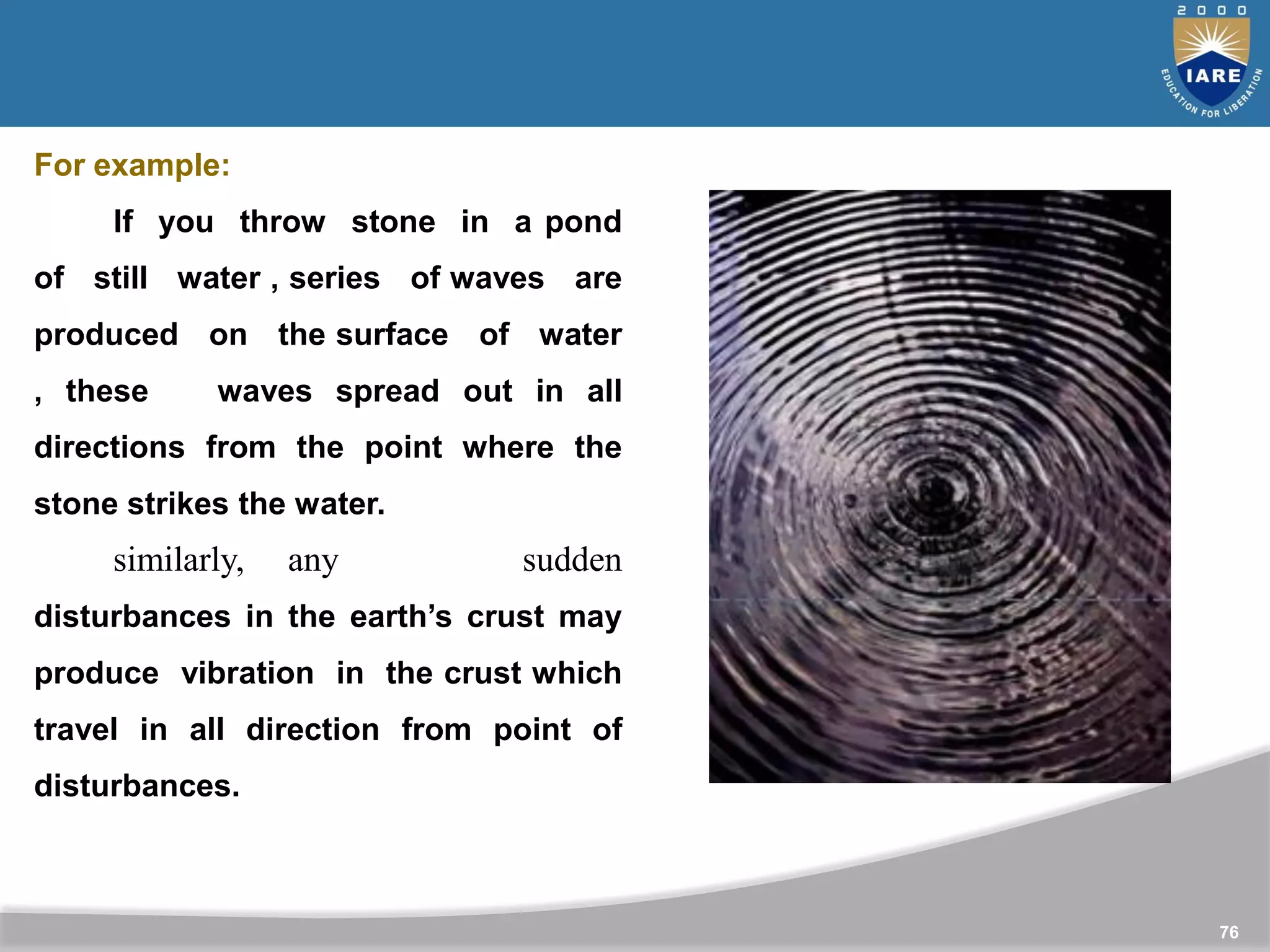 76
For example:
If you throw stone in a pond
of still water , series of waves are
produced on the surface of water
, these waves spread out in all
directions from the point where the
stone strikes the water.
similarly, any sudden
disturbances in the earth’s crust may
produce vibration in the crust which
travel in all direction from point of
disturbances.
 