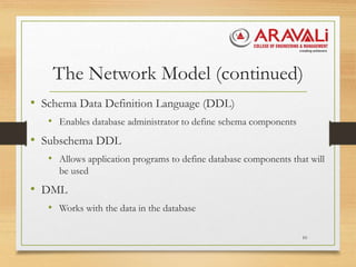 The Network Model (continued)
• Schema Data Definition Language (DDL)
• Enables database administrator to define schema components
• Subschema DDL
• Allows application programs to define database components that will
be used
• DML
• Works with the data in the database
10
 