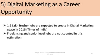 5) Digital Marketing as a Career
Opportunity
 1.5 Lakh fresher jobs are expected to create in Digital Marketing
space in 2016 (Times of India)
 Freelancing and senior level jobs are not counted in this
estimation
28-09-2016
All Rights Reserved. Copyright (c)MERITAS CORPORATION By
Haris Hamsa
10
 