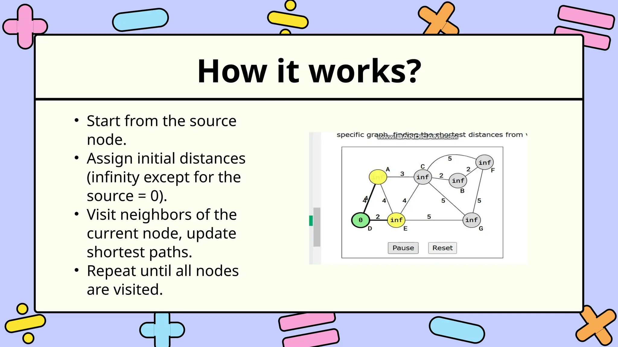 How it works?
• Start from the source
node.
• Assign initial distances
(infinity except for the
source = 0).
• Visit neighbors of the
current node, update
shortest paths.
• Repeat until all nodes
are visited.
 