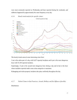 were most commonly reported on Wednesday and least reported during the weekends, and
robberies happened by approximately the same frequency every day.
4.1.6 Hourly trend analysis for specific crimes:
The hourly trends unravel some interesting crime facts:
5 am is the safest part of a day with 8,637 reported incidents and 6 pm is the most dangerous
hour with 55,104 reported incidents.
Surprisingly, 12 pm is the second most dangerous hour during a day and in fact is the hour
where incidents reported under some crime categories is maximum.
Kidnapping and stolen property incidents take place uniformly throughout the day
4.1.7 Violent Crimes in San Francisco: Assault, Robbery and Sex Offences (forcible)
Distribution:
17
 