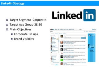 Linkedin Strategy




      Target Segment- Corporate
      Target Age Group-38-50
      Main Objectives
         Corporate Tie ups
         Brand Visibility
 