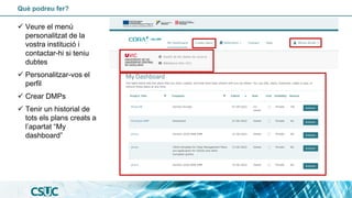 Què podreu fer?
✓ Veure el menú
personalitzat de la
vostra institució i
contactar-hi si teniu
dubtes
✓ Personalitzar-vos el
perfil
✓ Crear DMPs
✓ Tenir un historial de
tots els plans creats a
l’apartat “My
dashboard”
 