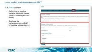 I quins apartats ens trobarem per cada DMP?
✓ A Share podrem:
• Definir quin el nivell de
visibilitat del nostre dataset
(privat, a nivell organitzatiu i
públic)
• Gestionar els
col·laboradors en el DMP
(co-editors, editors i lectors)
 