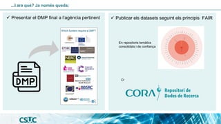 ...I ara què? Ja només queda:
✓ Presentar el DMP final a l’agència pertinent ✓ Publicar els datasets seguint els principis FAIR
En repositoris temàtics
consolidats i de confiança
O:
 