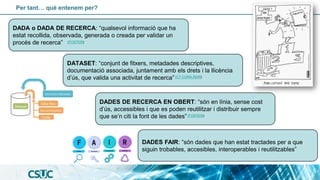 Per tant… què entenem per?
(CT CORA.RDR)
DATASET: “conjunt de fitxers, metadades descriptives,
documentació associada, juntament amb els drets i la llicència
d’ús, que valida una activitat de recerca”(CT CORA.RDR)
DADES DE RECERCA EN OBERT: “són en línia, sense cost
d’ús, accessibles i que es poden reutilitzar i distribuir sempre
que se’n citi la font de les dades”(FOSTER)
DADA o DADA DE RECERCA: “qualsevol informació que ha
estat recollida, observada, generada o creada per validar un
procés de recerca” (FOSTER)
DADES FAIR: “són dades que han estat tractades per a que
siguin trobables, accesibles, interoperables i reutilitzables”
 