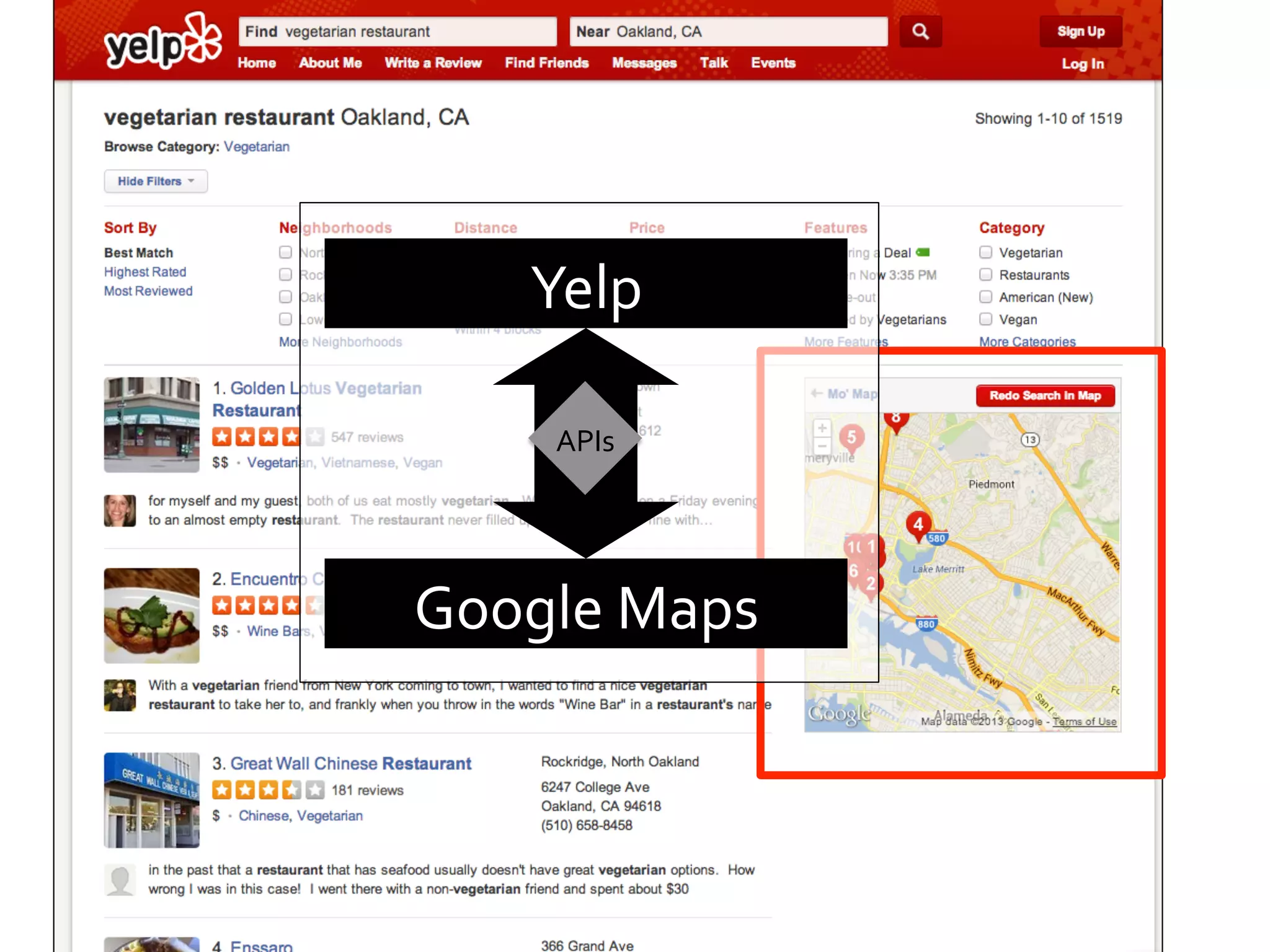 Yelp	
  
APIs	
  

Google	
  Maps	
  

 