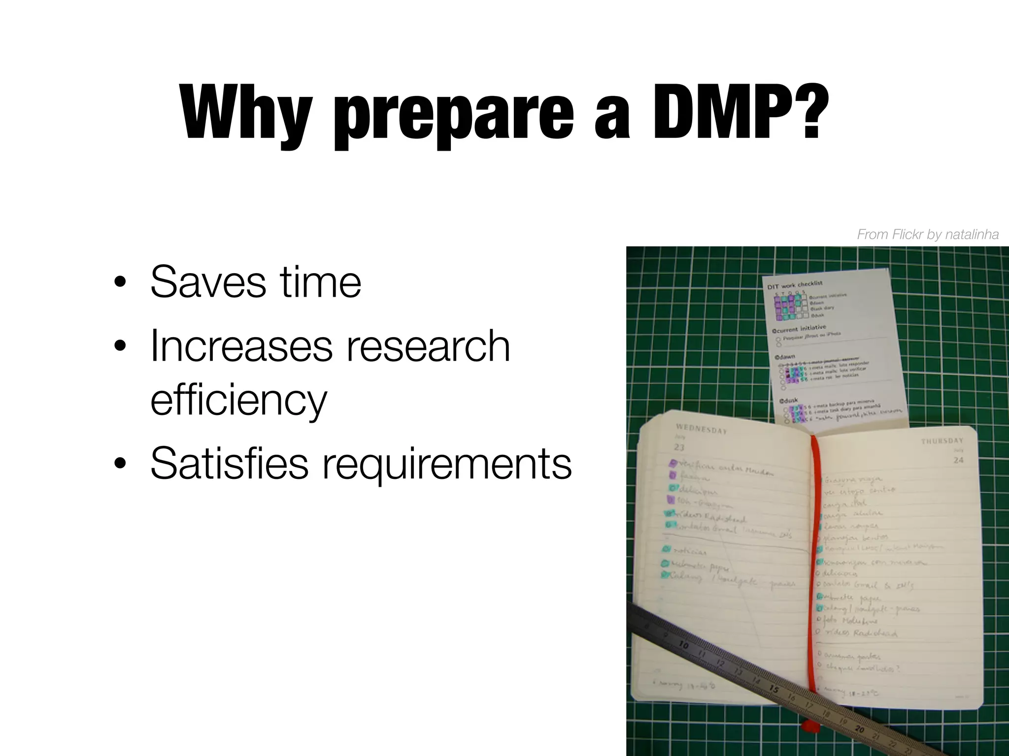 Why prepare a DMP?
From Flickr by natalinha 

•  Saves time
•  Increases research
efﬁciency
•  Satisﬁes requirements

 
