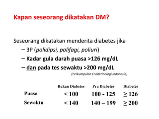 Kapan seseorang dikatakan DM?
Seseorang dikatakan menderita diabetes jika
– 3P (polidipsi, polifagi, poliuri)
– Kadar gula darah puasa >126 mg/dL
– dan pada tes sewaktu >200 mg/dL
(Perkumpulan Endokrinologi Indonesia)
Bukan Diabetes Pra Diabetes Diabetes
Puasa < 100 100 - 125 ≥ 126
Sewaktu < 140 140 – 199 ≥ 200
 
