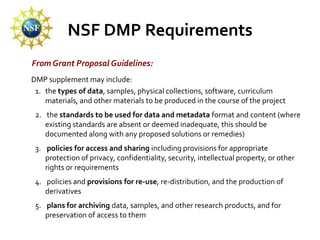NSF DMP Requirements
From Grant Proposal Guidelines:
DMP supplement may include:
 1. the types of data, samples, physical collections, software, curriculum
    materials, and other materials to be produced in the course of the project
 2. the standards to be used for data and metadata format and content (where
    existing standards are absent or deemed inadequate, this should be
    documented along with any proposed solutions or remedies)
 3. policies for access and sharing including provisions for appropriate
    protection of privacy, confidentiality, security, intellectual property, or other
    rights or requirements
 4. policies and provisions for re-use, re-distribution, and the production of
    derivatives
 5. plans for archiving data, samples, and other research products, and for
    preservation of access to them
 