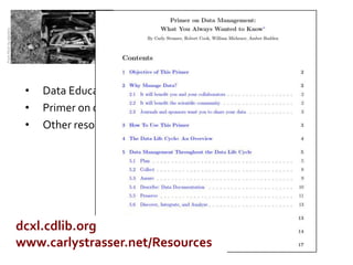 Toolbox:
From Flickr by dipster1




                                            DCXL blog: dcxl.cdlib.org

                           •   Data Education Tutorials
                           •   Primer on data management
                           •   Other resources




                          dcxl.cdlib.org
                          www.carlystrasser.net/Resources
 
