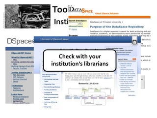 Toolbox:
From Flickr by dipster1




                           Institutional Services



                             Check with your
                          institution’s librarians
 