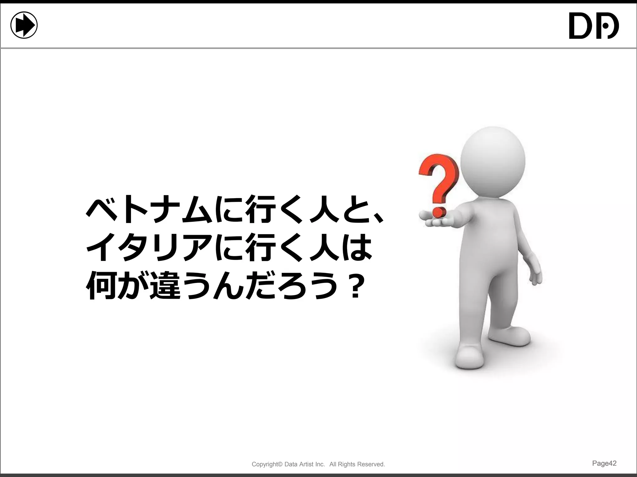 Copyright© Data Artist Inc. All Rights Reserved. Page42Page42Page42Page42
ベトナムに行く人と、
イタリアに行く人は
何が違うんだろう？
 