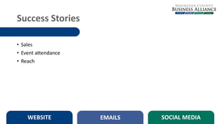 Success Stories
WEBSITE EMAILS SOCIAL MEDIA
• Sales
• Event attendance
• Reach
 