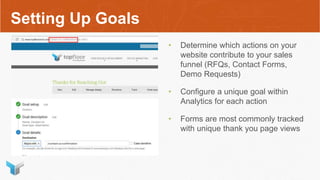 Setting Up Goals
• Determine which actions on your
website contribute to your sales
funnel (RFQs, Contact Forms,
Demo Requests)
• Configure a unique goal within
Analytics for each action
• Forms are most commonly tracked
with unique thank you page views
 